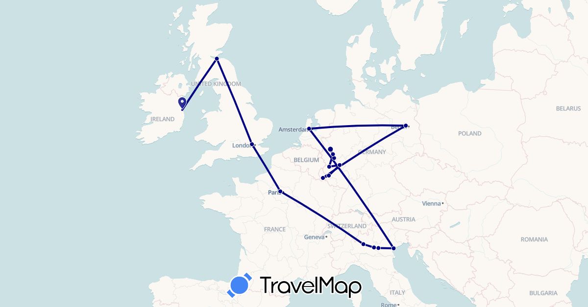 TravelMap itinerary: driving in Germany, France, United Kingdom, Ireland, Italy, Luxembourg, Netherlands (Europe)